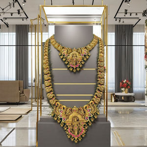 ชุดเครื่องประดับเจ้าสาวโบราณทองคำแท้ 22K แบบโบราณ ประกอบด้วยสร้อยคอยาวแบบราณีฮาร์ พร้อมจี้รูปพระลักษมี สำหรับงานแต่งงานแบบอินเดีย - Product Image 1