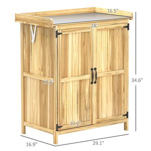 Armadio da Esterno in Legno Naturale per Attrezzi da Giardino con Ripiano in Metallo, Banco da Lavoro in Legno con 2 Ante - Product Image 3