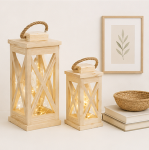Finest Quality Wooden Candle Lantern Set with <b>Rope</b> Handle - Decorative Farmhouse Floor Lantern for Indoor Outdoor Home Garden - Product Image 1