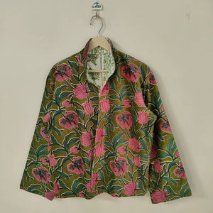 <b>Green</b> Floral Print Embroidered <b>Velvet</b> Bomber Jacket Reversible Eco-Friendly Short Length 100% Cotton Shell Winter Bohemian Style - Product Image 1