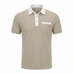 Polo en piqué de coton beige à manches courtes pour homme avec poche, décontracté, respirant, coupe classique, design tricoté uni - Product Image 1