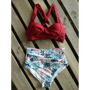 Women's Red <b>Crossed</b> Halter Bikini Set Floral High Waist Bottom Spandex Polyester Stretch Twist Design - Product Image 1