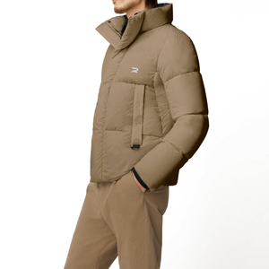 Men's Beige Down Puffer Jacket Stand Collar Zipper Pockets Windproof Casual Winter Coat Regular Fit Polyester Filling - Product Image 1