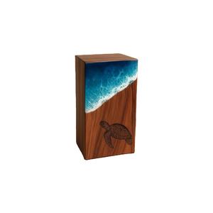Urna de madera hecha a mano con olas del océano y caja de cremación funeraria con incrustaciones de diseño de tortuga marina - Product Image 1