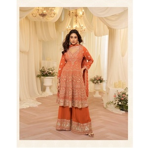 Ensemble Salwar Kameez en soie brodée orange pour femmes avec dupatta, tenue traditionnelle, coupe régulière, longueur au sol, vêtements indiens pakistanais - Product Image 4