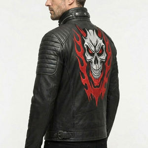 Chaqueta de Cuero Negra para Hombre al por Mayor, Estilo Motero con Bordado de Calavera y Parche Trasero, Abrigo Urbano Vintage, Chaqueta Bomber Cafe Racer - Product Image 4