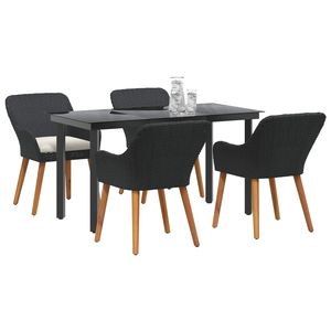 Ensemble de salle à manger de jardin en polyrotin noir, 5 pièces, avec coussins, meubles d'extérieur, style contemporain, cadre en acier, pieds en bois massif - Product Image 3