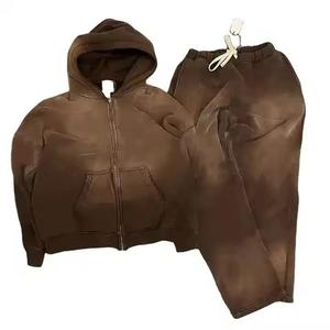 Custom Winter Acid Washed <b>Tracksuit</b> Distressed Sunfaded Zip-Up Hoodie Sweatpants Set 100% Cotton Heavyweight Unisex Vintage - Product Image 1