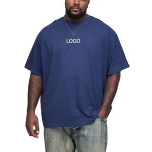 T-shirt en coton bleu marine surdimensionné pour homme, manches courtes, col rond, style streetwear décontracté, imprimé logo sur le devant, coupe jersey tricoté - Product Image 1