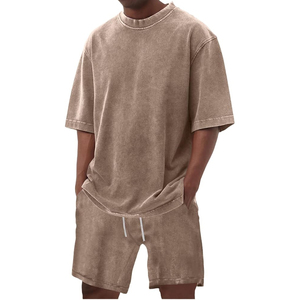 Men Stylish Summer Outfit T Shirt Acid Wash Shorts <b>Set</b> Cotton Casual Loose Fit Matching <b>Set</b> - Product Image 1