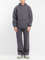 Ensemble de survêtement décontracté deux pièces pour homme, gris foncé délavé, imprimé, en molleton écologique, comprenant un sweat à capuche oversize et un pantalon de survêtement à jambes larges