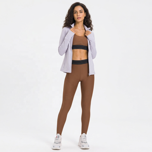 Seamless 2 Piece Yoga <b>Set</b> <b>Square</b> Neck Sports Bra High Waist Leggings Contrast Stitch Solid Brown Workout - Product Image 2