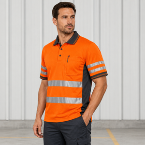 Unisex Orange Hi Vis Reflective <b>Waterproof</b> Plus Size <b>Work</b> Polo Shirt Short Sleeve Cotton Uniform Chest Pocket Safety Stripes - Product Image 4
