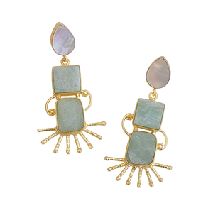 Boucles d'oreilles pendantes Laxmi Jewelers pour femmes, en amazonite et perle d'eau douce, laiton plaqué or 24 carats, design tendance, cadeau religieux hindou - Product Image 6