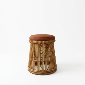 Pouf en rotin naturel avec coussin bleu marine, banc ovale en osier tressé à la main, tabouret en cannage pour salon - Product Image 3