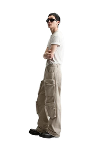 Pantalones Cargo Color Caqui para Hombre, Cintura Alta, Múltiples Bolsillos, Material de Lona, Estilo Workwear, Corte Recto, para Otoño - Product Image 2