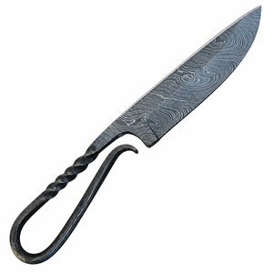 Cuchillo de Caza con Mango de Lazo Trenzado Negro y Patrón Damasco, Hoja Curva Gris Plateada, Estilo Forjado, Herramienta Utilitaria para Camping y Actividades al Aire Libre - Product Image 4