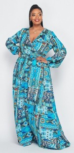 Robe longue d'été pour femme en soie tissée, col en V, manches longues, coupe ample, taille naturelle, style bohème, motif floral à pois - Product Image 2