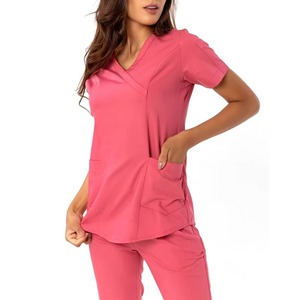 Pink Women's <b>Scrub</b> Top V-Neck Short Sleeve With Pockets Hospital Uniform Woven Cotton Polyester Blend - Product Image 5