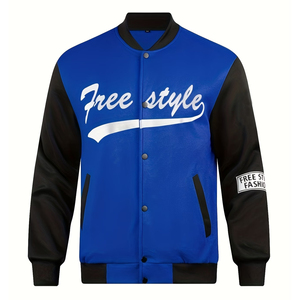 Blue & Black Varsity Jacket Men Free Style Embroidery Bomber Jacket Lightweight Polyester Fabric Casual Sports Letterman Jacket - Product Image 1