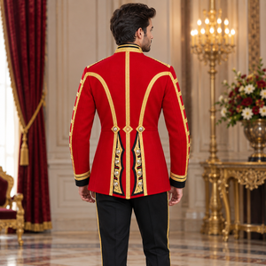 Veste d'été homme personnalisée de style militaire rouge haut de gamme, imprimée, à manches longues, col montant, broderie rayures dorées, boutons à lettres - Product Image 2