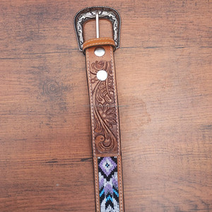 Ceinture de perles en cuir gravé à fleurs occidentales personnalisées 100% véritable cuir de vachette pleine fleur avec ceinture à pression en cuir véritable - Product Image 4