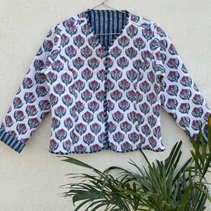 Veste matelassée pour femme, manches trois quarts, imprimé floral, coton, vêtement d'extérieur printemps, longueur normale, tissu tissé, col en V - Product Image 4