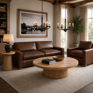 Sofá Contemporáneo de Cuero Genuino Marrón Oscuro, Sofá Cama Grande de 2 Plazas para 3 Personas, Diseño de Brazos Cuadrados, Estilo Mid-Century, Villa, Escuela, Parque - Product Image 6