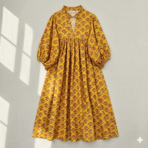 Vintage Women Yellow Cotton Floral Block Print <b>Dress</b> With Puff Sleeve <b>Loose</b> Fit V-Neck Casual Summer <b>Dress</b> - Product Image 2