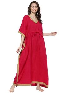 Caftán de algodón ecológico sólido con cuello en V y Media manga hasta el suelo, color rosado, rojo y beige, ropa de salón suave y fresca - Product Image 2