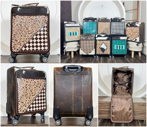 Top Quality Handmade Tooled Floral Hair On Cowhide Leather Travel <b>Suitcase</b> Western Style Rolling Luggage with 360° Spinner Wheel - Product Image 3