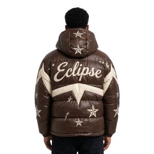 Custom Brown Cream Star Graphic 100% Polyester Puffer <b>Jackets</b> Contrast Panel Hooded Design <b>Mens</b> Streetwear <b>Jacket</b> - Product Image 2
