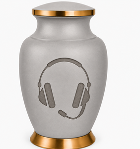 Urne funéraire élégante gris mat avec gravure d'icônes casque et chat, urne commémorative haut de gamme pour les amateurs de musique et les passionnés de podcasts - Product Image 4