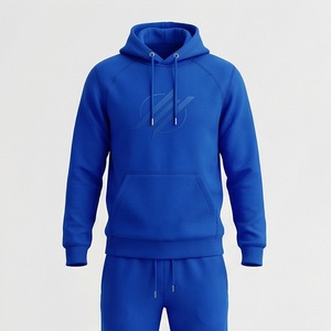 Men's Blue Hooded <b>Tracksuit</b> Full Sleeve Solid Color Casual Sportswear With Front Logo Print Breathable Polyester Material - Product Image 1