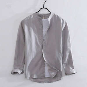 Chemise décontractée pour homme en lin et coton satiné tricoté respirant, anti-plis, à col rabattu, manches longues, boutonnage simple, couleur unie, idéale pour l'été - Product Image 2