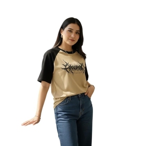Women's Oversized <b>Raglan</b> T-Shirt, Y2K Graphic Print, Colorblock Brown and Black, Drop Shoulder Baggy Tee, Casual Streetwear <b>Top</b> - Product Image 2
