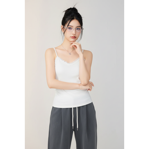 Débardeur côtelé personnalisé pour femme avec dentelle, bretelles spaghetti, doux, respirant, séchage rapide, tissu extensible, tendance et décontracté - Product Image 1