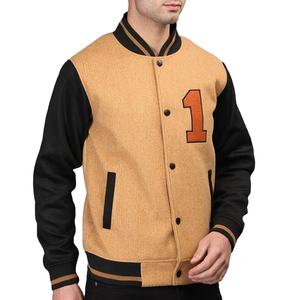 <b>Men's</b> Woolen Varsity <b>Jacket</b> Solid Color Stand Collar Regular Sleeve Winter Casual Wear Eco-Friendly Waterproof Black and Tan - Product Image 3