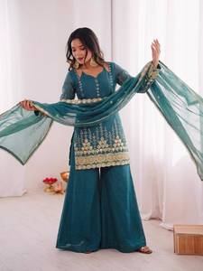 <b>Teal</b> Embroidery Fendy Silk Floor-Length Sequence Work Indian Pakistani Sharara Suit <b>Top</b> Flare Sharara Palazzo Dupatta - Product Image 3