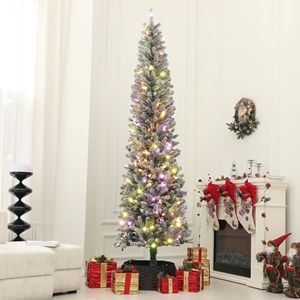 Albero di Natale innevato preilluminato a LED bicolore da 2,7 m con 895 punte, supporto in metallo e glitter fine, albero a matita verde da 2 m - Product Image 2