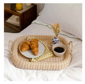 Elegante bandeja de mimbre tejida para servir y almacenar, ideal para café, aperitivos, desayuno, bandeja multiusos de mimbre para utensilios de cocina y vajilla. - Product Image 6