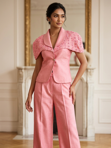 Elegant Women's Pink Satin <b>Blazer</b> and Pants <b>Set</b> – Beaded Shoulder Formal Suit - Product Image 3