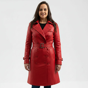 <b>Red</b> Women Genuine Leather Long <b>coat</b> Belted <b>Waist</b> turn Down Collar warm Breathable Sample & Customization Service Available - Product Image 2
