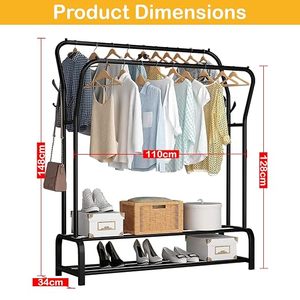 Minimalist Metal <b>Clothing</b> <b>Rack</b> With Double Shelf Storage For Wardrobe Use <b>Standing</b> Type Multifunctional Design - Product Image 6