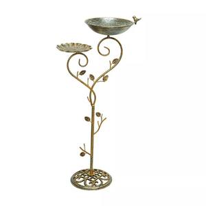 Bebedero para Pájaros de Dos Niveles con Forma de Hoja de Loto, Comedero de Metal Dorado Vintage para Jardín con Escultura de Rama de Árbol y Base Ornamentada - Product Image 1