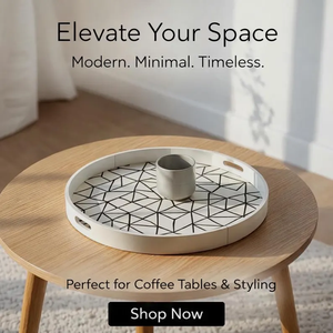 Modern Round Bone Inlay <b>Tray</b>, <b>Black</b> & White Geometric Pattern Serving <b>Tray</b>, Home Decor Decorative Coffee Table - Product Image 2