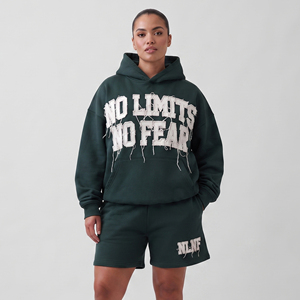 Conjunto de Sudadera con Capucha y Pantalones Cortos de Felpa de Algodón de 550 g/m² con Hombros Caídos, Bordado Desgastado, de Dos Piezas, para Invierno - Product Image 1