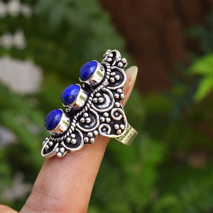 แหวนพลอยลาพิส ลาซูลีธรรมชาติ แหวนเงินแท้ 925 ทำมือ สำหรับเด็กหญิงและสตรี - Product Image 3