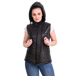 Chaleco Acolchado para Mujer, con Capucha, Cierre Frontal, Resistente al Viento, Ligero, Color Negro Sólido, Estilo Casual - Product Image 1