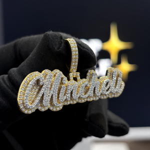 <b>Custom</b> Iced Out Script <b>Name</b> Pendant 925 Sterling Silver VVS Moissanite Raised Layer Hip Hop <b>Necklace</b> Yellow Gold Unisex Designer - Product Image 3
